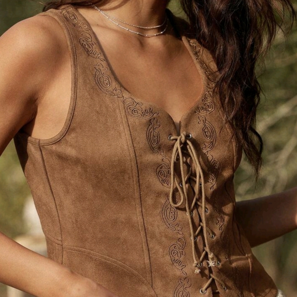 Elegant Brown Lace-Up Embroidered Tank Top